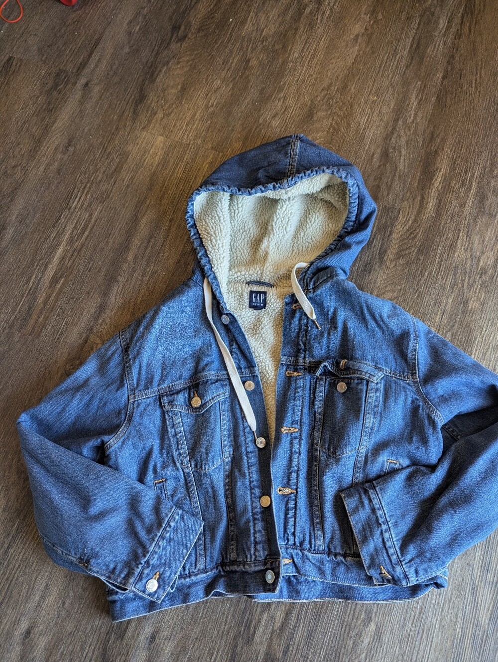 GAP Light Blue Denim Hooded Jacket with Cream Sherpa Lining